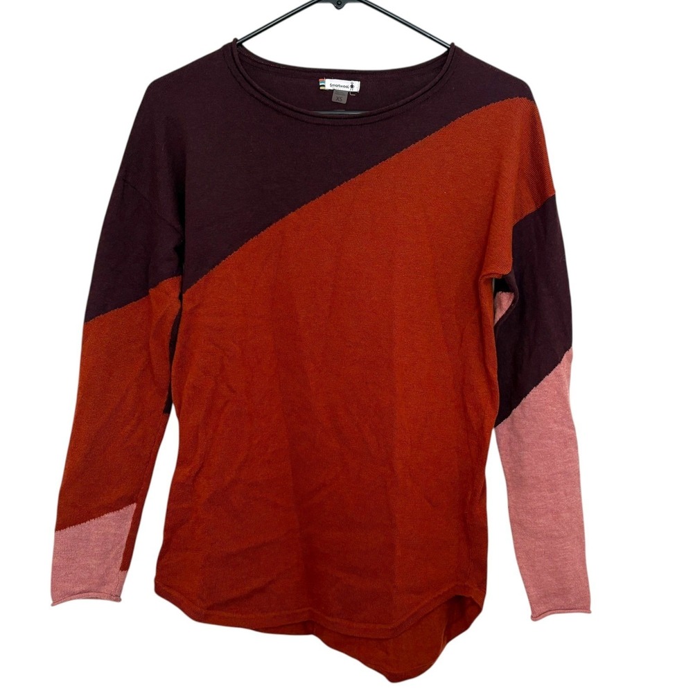 Smartwool Womens XS Sweater Orange Burgundy Colorblock Asymmetrical Merino Wool